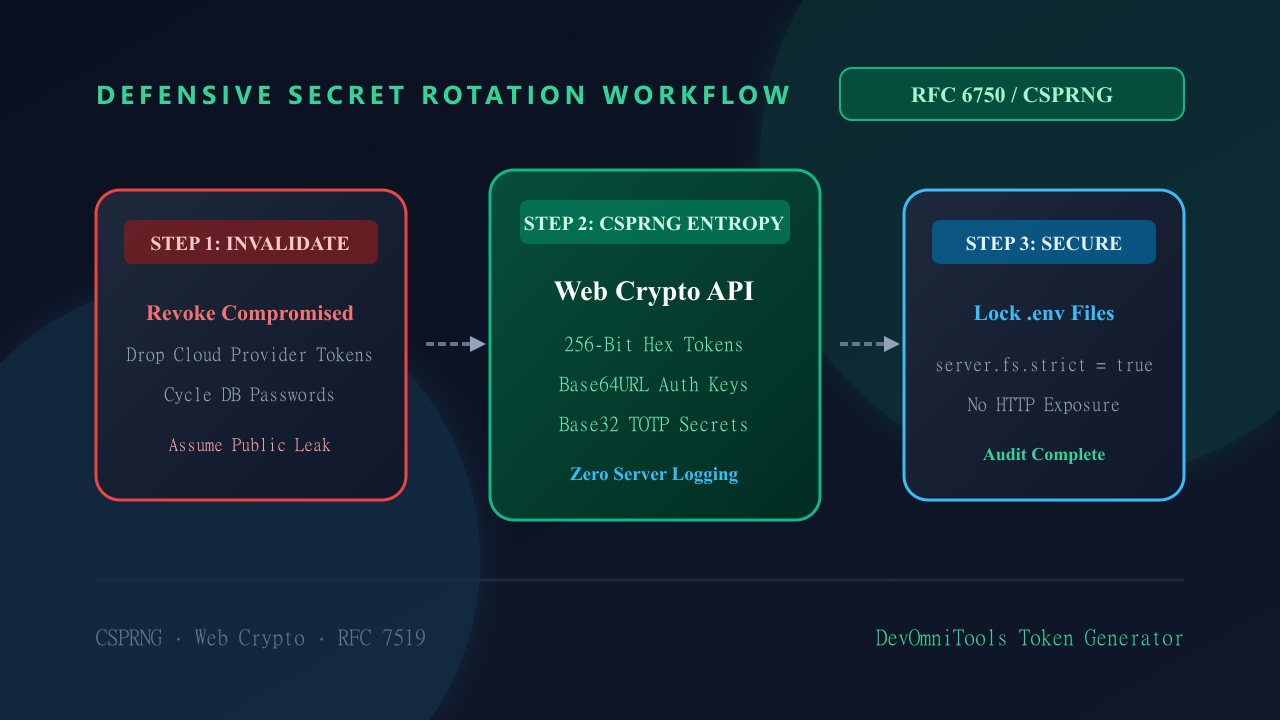 Cryptographic token rotation workflow: revoking compromised .env tokens and generating 256-bit CSPRNG API keys and TOTP Base32 secrets offline